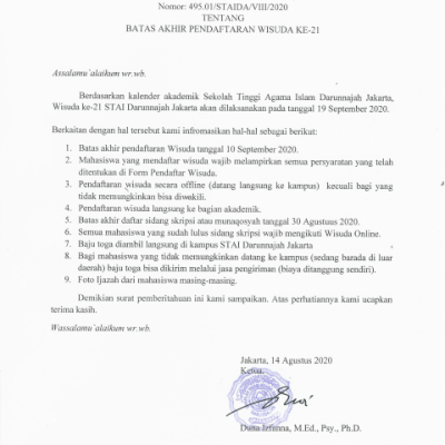 SURAT EDARAN TENTANG BATAS AKHIR DAFTAR WISUDA KE-21