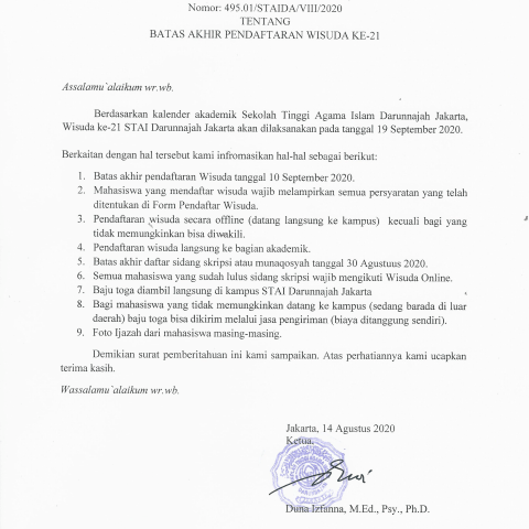 SURAT EDARAN TENTANG BATAS AKHIR DAFTAR WISUDA KE-21