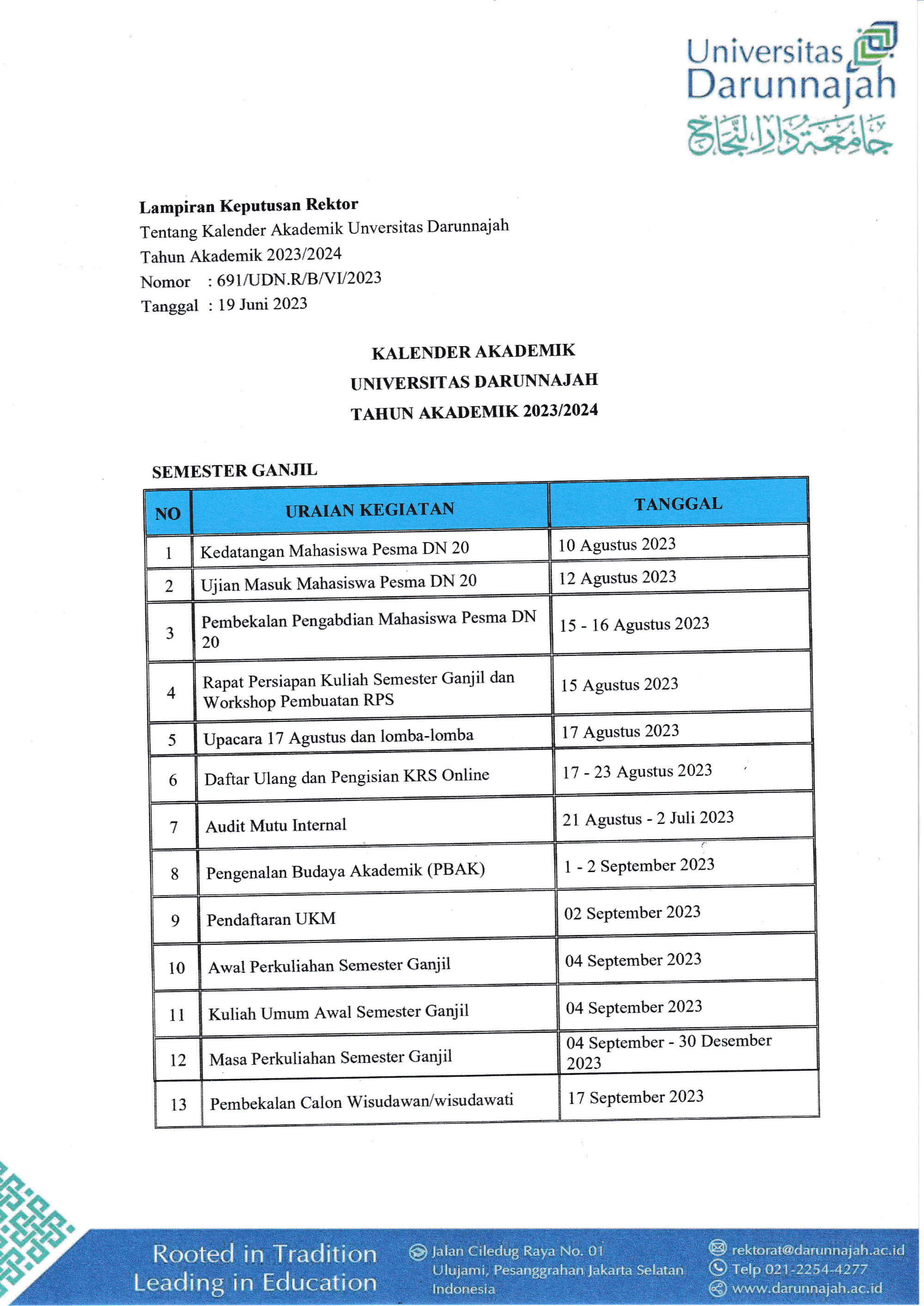 Kalender Akademik 2023-2024 Universitas Darunnajah