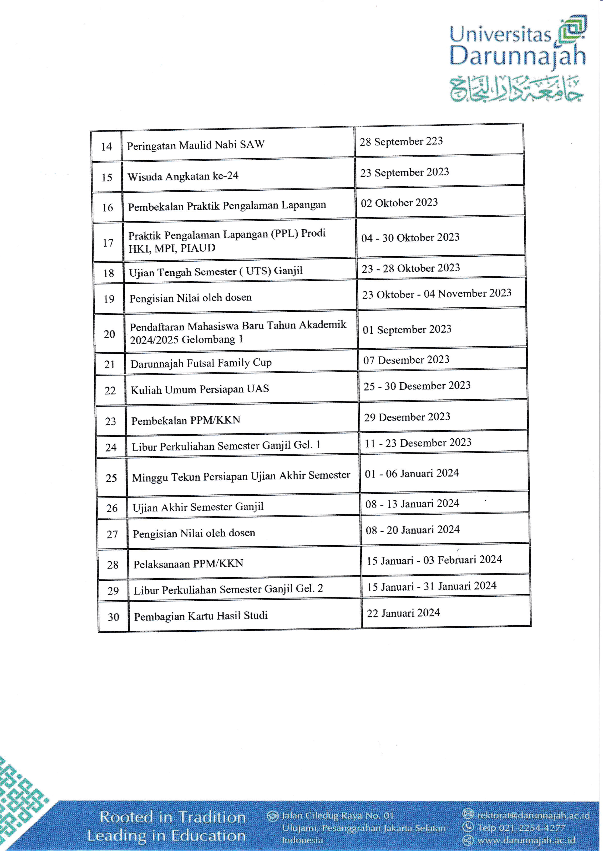 Kalender Akademik 2023-2024 Universitas Darunnajah
