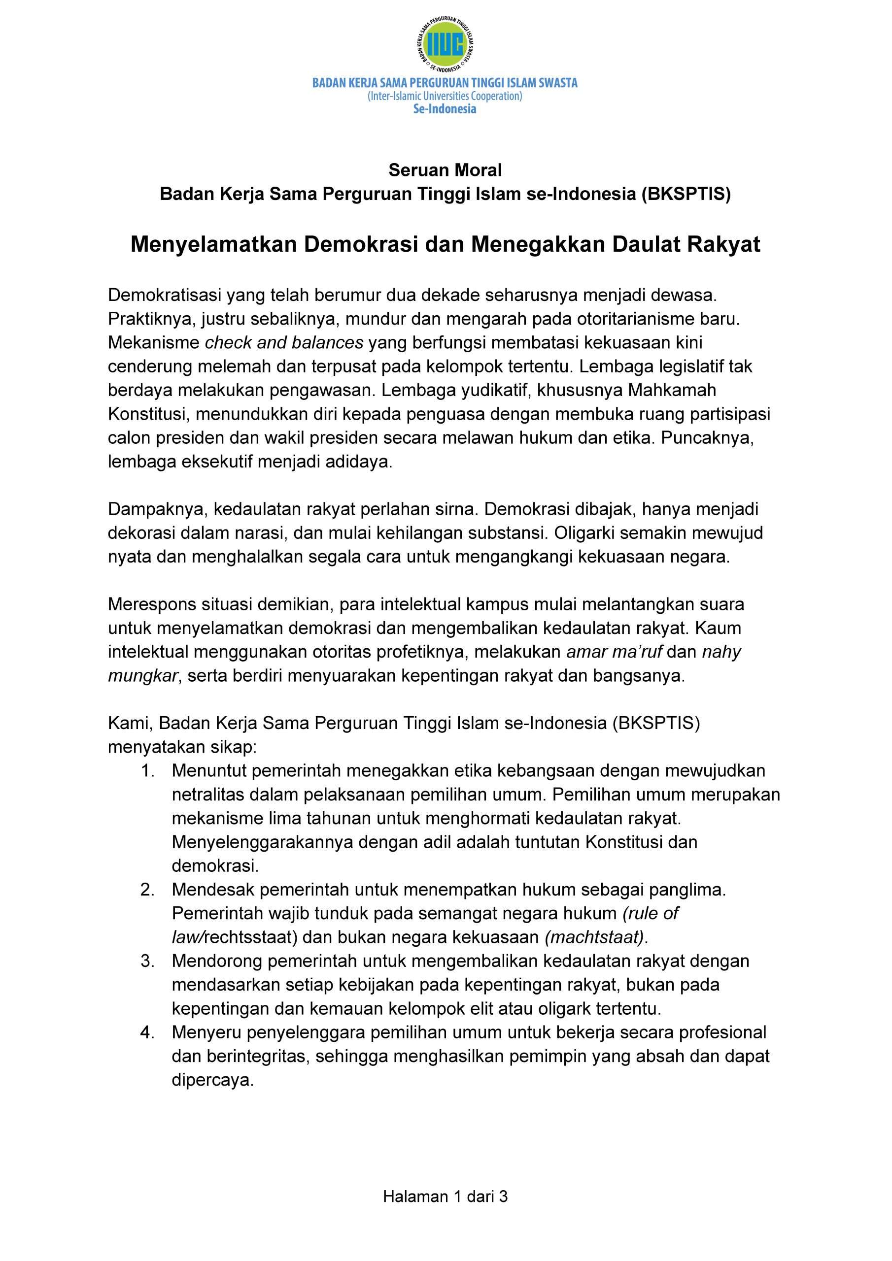 Seruan Moral Menyelamatkan Demokrasi dan Menegakkan Daulat Rakyat
